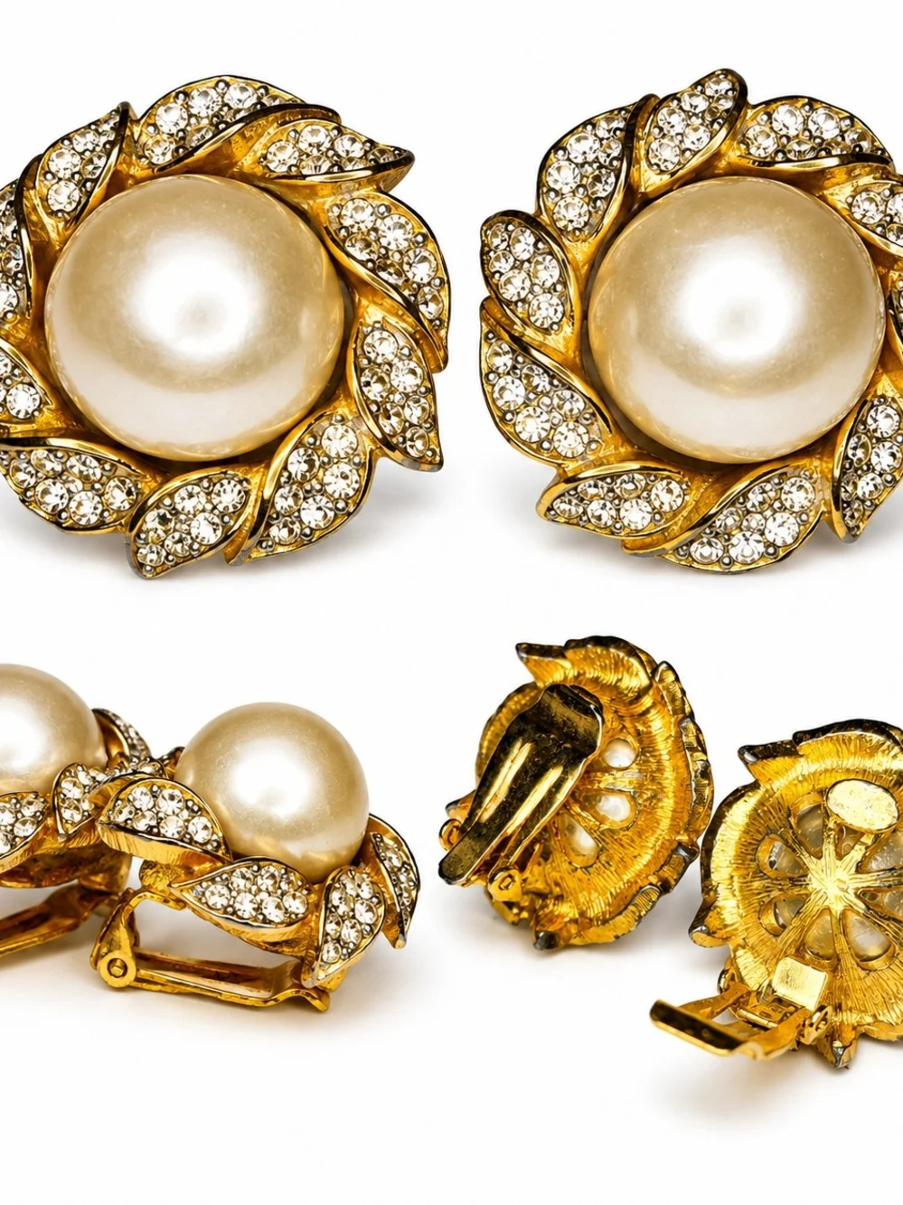 Vintage Kenneth Lane Faux Pearl Rhinestone Clip On Earrings Gold Tone Designer - Picture 2 of 2